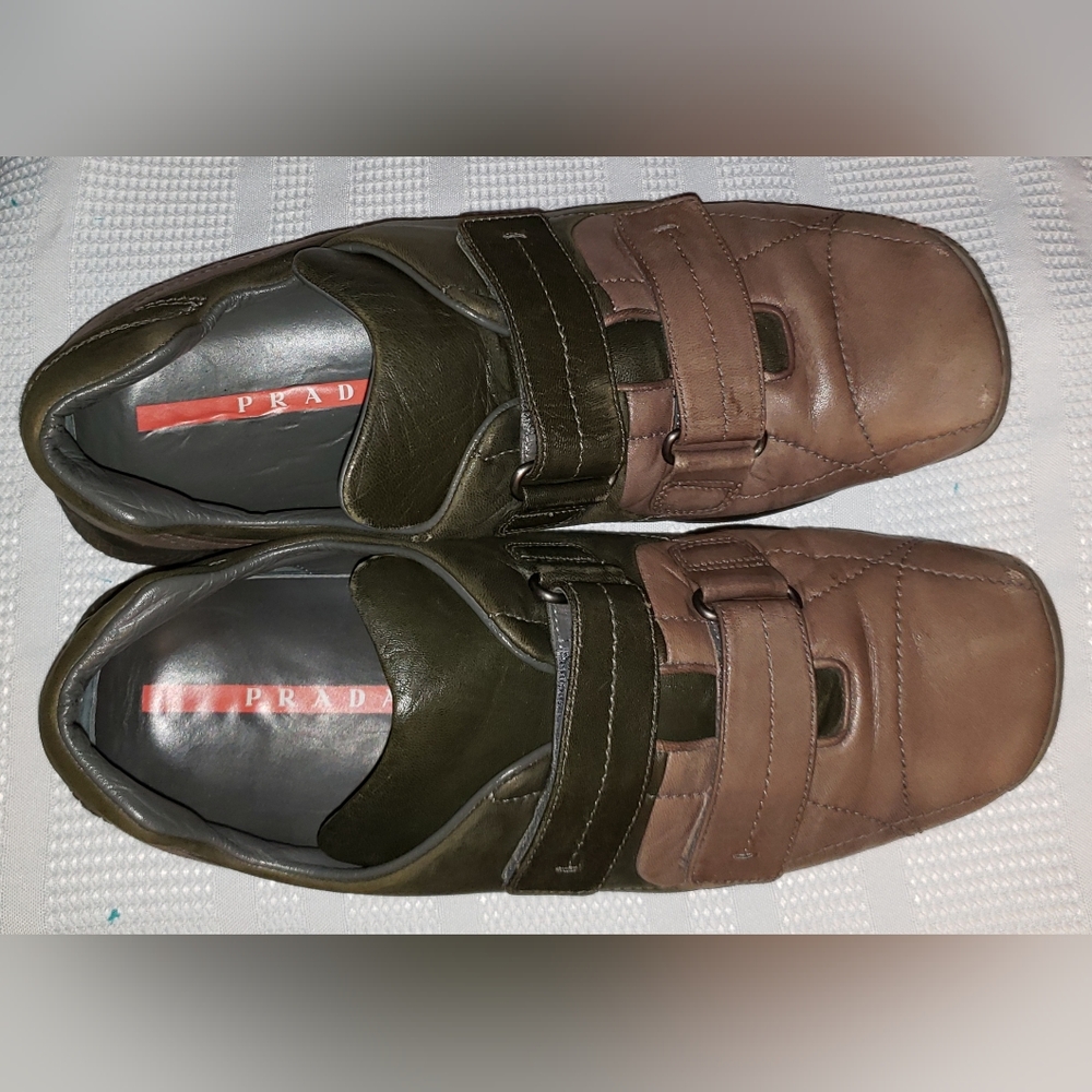 PRADA Double Strap Men's Sneakers / Dark Grey & Brown Leather / Size 10